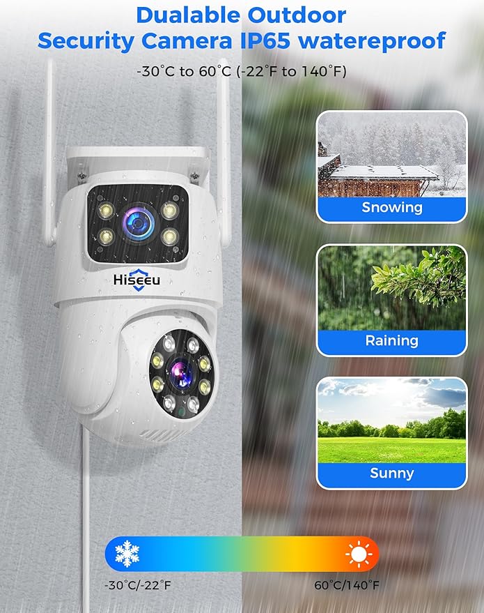 Hiseeu Wireless Security Camera Dual Lens 5G/2.4G WiFi PTZ Camera Outdoor,Power Cord,IP65 Waterproof Motion Tracking,Color Night Version, No-Monthly Fees Works with Wireless Camera System