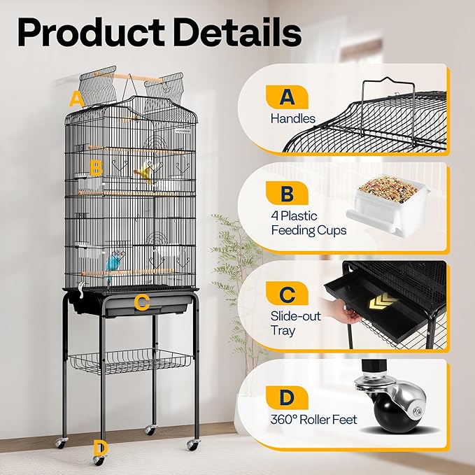 VIVOHOME 64 Inch Bird Cage with Play Top and Rolling Stand for Parrots Conures Lovebird Cockatiel Parakeets Black