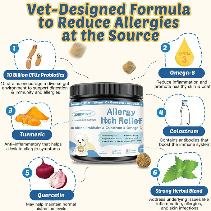 Dog Allergy Relief Chews, with Probiotics, Omega 3, Colostrum - Dog Itching Skin & Ears Relief, Herbal Skin & Coat Supplement, Gut & Immune Support, Hot Spot Treatment, Anti Seasonal Allergies