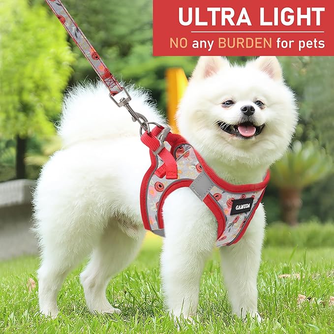 GAMUDA Small Dog Harness Collar and Leash Set, Step in No Chock No Pull Soft Mesh Adjustable Dog Vest Harnesses Plaid Reflective for Dogs Puppy Cats Kitten Rabbit (Red Flower, XL)