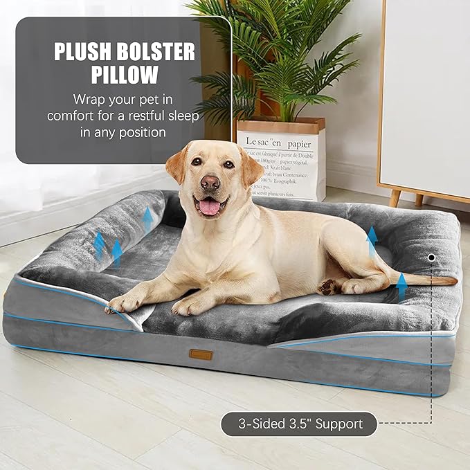 Orthopedic Dog Bed with Sides - Dog Sofa Beds for Extra Large Dogs, Supportive Foam Pet Couch Bed with Washable Removable Cover, Waterproof Lining and Non-Slip Bottom, Grey - XL-Plus