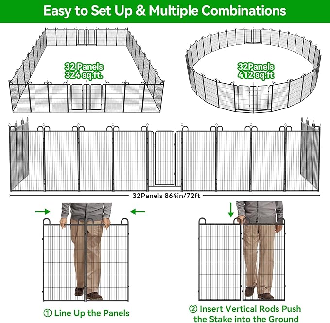 Dog Playpen Outdoor 32 Piece Panels Heavy Duty Dog Fence 47" Height Anti-Rust with Doors Portable for RV Camping Yard, Total 71FT, 406 Sq.ft, Snowy Black