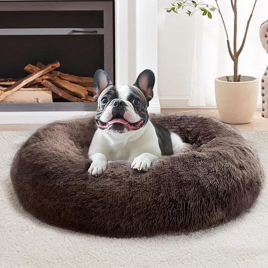 JOLLYVOGUE Calming Dog & Cat Bed for Large Dogs, Anti-Anxiety Donut Cuddler Cozy Soft Round Bed with Anti-Slip Bottom, Fluffy Faux Fur Plush Cushion Beds for Medium Dogs (36")