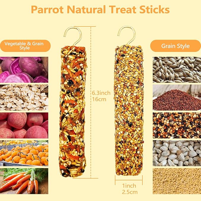 2PCS Parakeet Treat,Natural Parrots Treat Sticks,Vegetable & Grain Style Sticks,Bird Treats for Cockatiel Lovebirds Budgies Canary Finches Conure