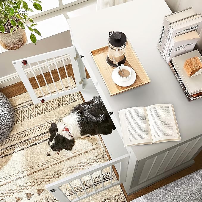 PUKAMI 44inch Dog Crate Furniture with Drawers,Wooden Dog Kennel Furniture for Large Breed,White End Table Wood Dog House for Indoor use,for Small/Medium/Large Dog