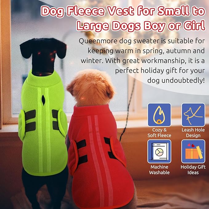 Queenmore Medium Dog Sweaters, Soft Fleece Vest Pullover Dog Jacket with Leash Hole, Warm Winter Dog Clothes Cold Weather Doggy Dachshund Sweater for Medium Dogs Cats Boy or Girl (Green, M)