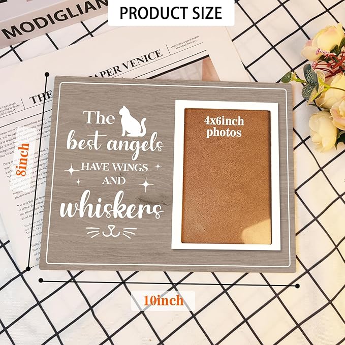 Cat Picture Frame, Cat Memorial Wooden Photo Frame, Pet Remembrance Gift, Sympathy Gift for Pet Owner, Cat Memorial Gifts for Loss of Cat, The Best Angels Have Wings and Whiskers (Gray, 4 x 6 Photo)