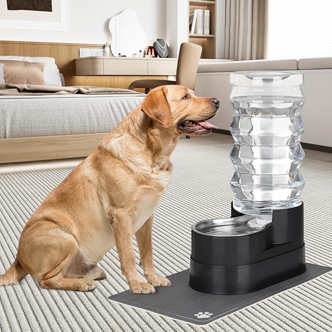 RIZZARI Large Water Dispenser for Dogs: 9L Black Automatic Stainless Steel Gravity Raised Pet Feeder for 30-60 LBS Elderly Pet Dogs with Spine Problems in Living Room Garage