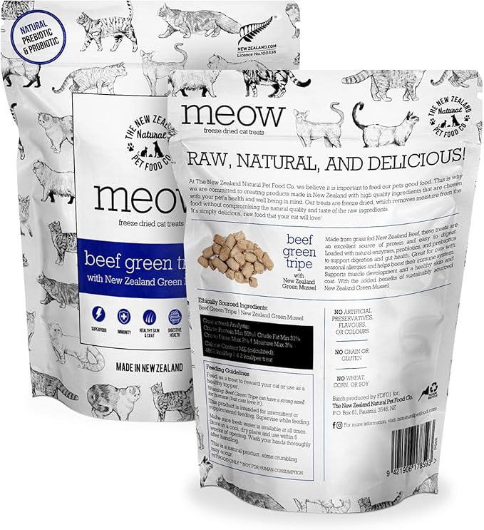 The New Zealand Natural Pet Food Co MEOW Freeze Dried Cat Treats - Beef Green Tripe with New Zealand Green Mussel, High Protein, Healthy Cat Snacks and Toppers, All Natural for all Life Stages, 1.4 oz