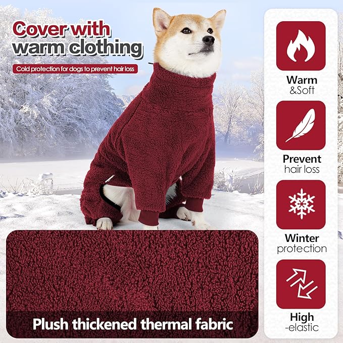 Winter Coat - Warm Fleece Dog Jacket, Windproof Pullover Jumpsuit, Full Body Pajamas Onesie - Cold Weather Clothes for Medium Large Dog (3Xlarge, Red)