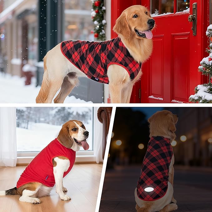 cyeollo 2 Pack Small Dog Sweater, Soft Stretchy Fleece Vest with Reflective Stripe Pullover Sweatshirt Dog Jacket Pet Clothes in Cold Weather Sweaters for Small Dogs Cats, Red & Buffalo Plaid M
