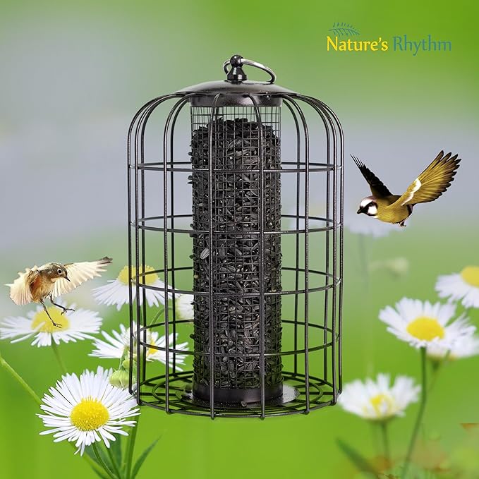 Nature's Rhythm Outdoor Hanging Bird Feeder Cage Mesh Tube Squirrel Proof Wild Bird Feeder with Large Metal Seed Guard Deterrent Green