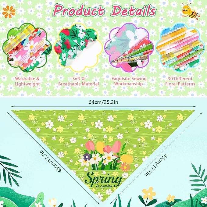 30 Pcs Spring Summer Dog Bandanas Bulk Floral Pet Scarves Bibs Adjustable Puppy Bandanas Girl Washable Flower Puppy Grooming Bandana for Small Medium Large Breed Dog Cat Pet Grooming Accessories