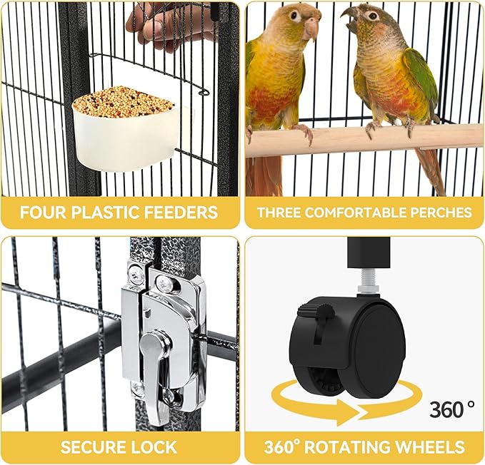 DWVO 53.9-Inch Metal Bird Cage: Large Parrot Cages with Seed Catcher & Cover - Rolling Stand with Brakes for Parakeets, Lovebirds, Cockatiels, Finches and Pigeons, Black