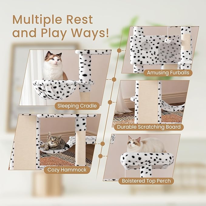 SHA CERLIN 65in Larger Cat Tree Tower Condo for Indoor Kitties/Multi-Level Furniture Activity Center with Wide Base/Cozy Plush Perches/Baskets/Sisal Scratching Posts and Hammock/White & Black Spot