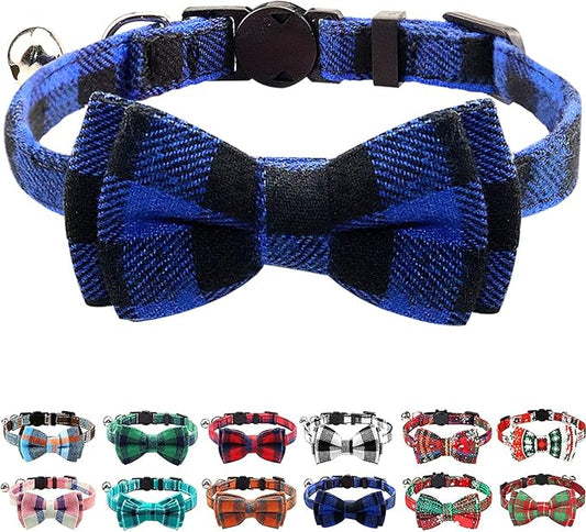 Joytale Upgraded Cat Collar with Bells, Breakaway Cat Collars with Bow Tie, 1 Pack Girl Boy Safety Plaid Kitten Collars, Blue