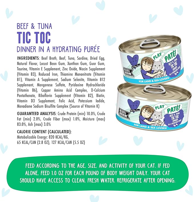 Weruva B.F.F. Play - Best Feline Friend Paté Lovers, Aw Yeah!, Beef & Tuna Tic TOC with Beef & Tuna, 2.8oz Can (Pack of 12)