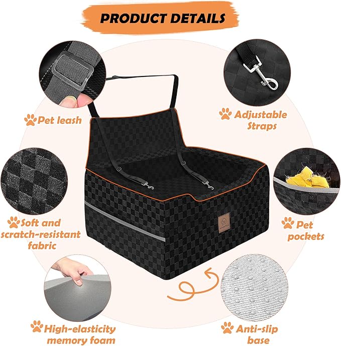 Large Dog Car Seat for Back Seat – Removable Dog Booster Seat & Washable Pet Car Seat for Medium & 2 Small Dogs up to 60lbs – Safety Straps & Storage Pocket – Travel & Home Use (Black)