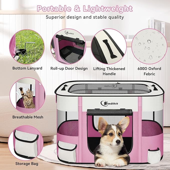 Dog Cat Playpen, Pet Puppy Portable Playpens for Outdoor Travel Crate, Indoor After Surgery Use, Foldable Dog Kennel Tent for Rabbit or Small Animals and Tent Stakes(Pink, Medium)