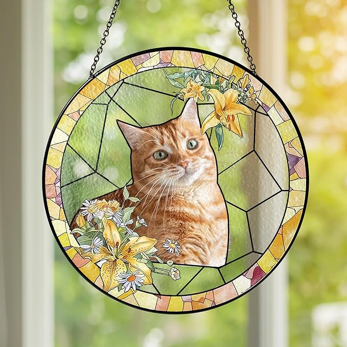 NAZENTI Personalized Cat Memorial Suncatcher, Sympathy Gift for Loss of Pet, Cat Remembrance Gift, Stained Glass Suncatcher, Custom Portrait Photo and Name, Pet Memorial Ornament Window Hanging 1