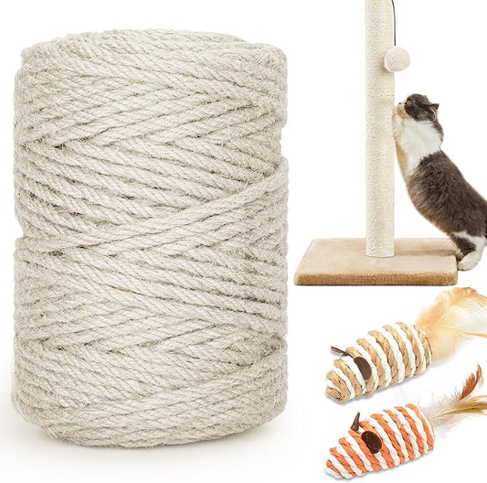 328FT/100M Cat Scratching Sisal Rope, 6mm Thick Natural Jute Rope for Scratch Posts, Cat Trees, DIY Projects, Sisal Rope for Cat Scratcher with 2 Cat Mouse Toys (White, 328ft)