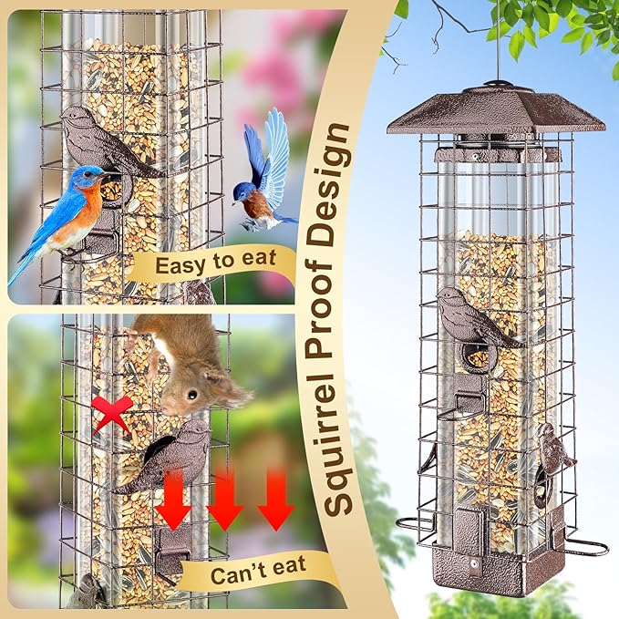 Squirrel Proof Hanging Bird Feeder for Outdoors, Gravity Protection Metal Wild Bird Feeder, 3LB Large Capacity, 4 Ports, Cardinal, Chickadee, Durable & Weatherproof, Ideal for Backyard