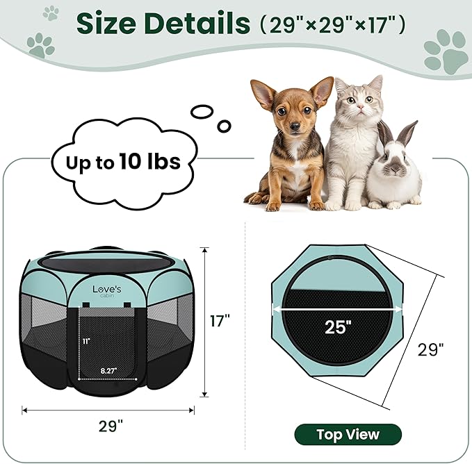 Love's cabin Pet Puppy Dog Playpen, Small Dog Tent Crates Cage Indoor/Outdoor, Portable Playpen for Cat, Foldable Pop Up Dog Kennel Playpen with Carring Case, Removable Zipper Top, Green