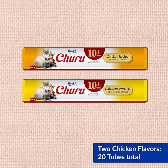 INABA Churu for Senior 10+, Creamy Lickable Cat Treats with Taurine, Vitamin E & C, 0.5 Ounces Each, 20 Tubes, Chicken Variety