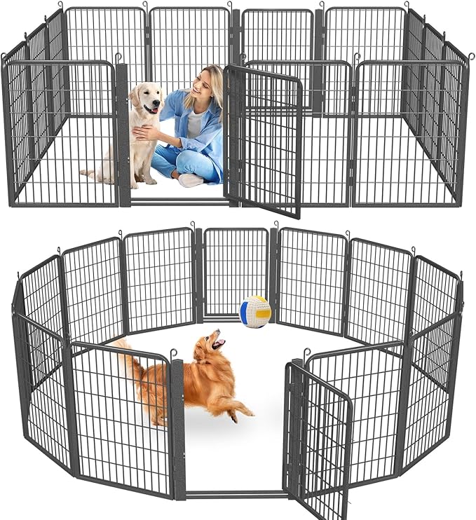 Dog Playpen with Low Threshold Gate, 40 inch 14 Panels Dog Fence, Heavy Duty Metal Exercise Large Dog Pen, Rust-Resistant Outdoor Pet Fence for Yard RV Camping