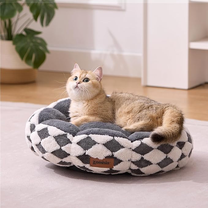 Cat Beds for Indoor Cats, Cute Donut Kitten Beds for Small Dog, Round Plush Bed for Puppy and Large Cats, Anti-Slip Bottom, Grey