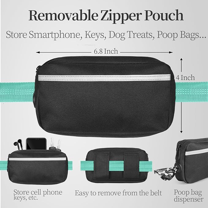 iYoShop Hands Free Dog Leash with Zipper Pouch, Dual Padded Handles and Durable Bungee for Walking, Jogging and Running Your Dog (Large, 25-120 lbs, Teal)