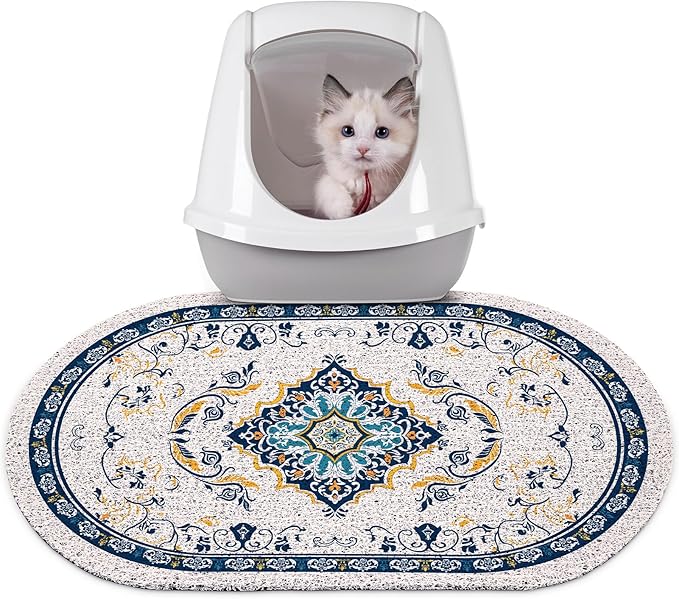 Bienbee Cat Litter Mat, 24" x 15" Litter Box Mat Rug with Non-Slip Bottom, Easy to Clean Cat Supplies Accessories Essentials for Indoor Kitty Kitten Floor, Blue M