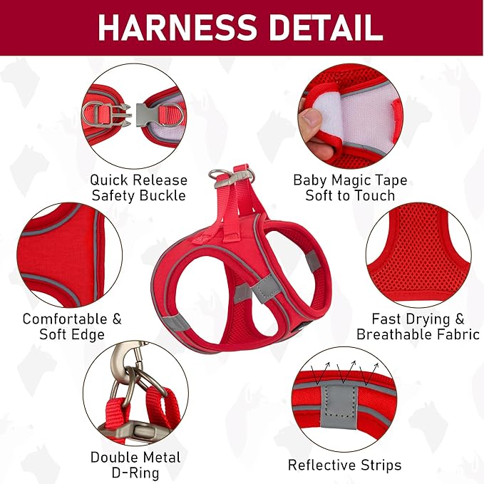 GAMUDA Small Pet Harness Collar and Leash Set, Step in No Chock No Pull Linen Fabric Soft Mesh Dog Vest Harnesses Reflective for Dogs Puppy Cats Kitten Rabbit (Red, XL)