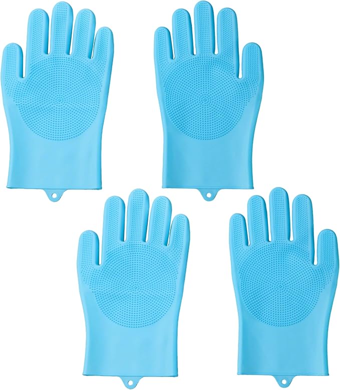 Pet Grooming Gloves，Heat-Resistant Silicone Gloves with High-Density Teeth for Enhanced Massaging and Bathing of Dogs and Cats (Blue, 2 Pair)