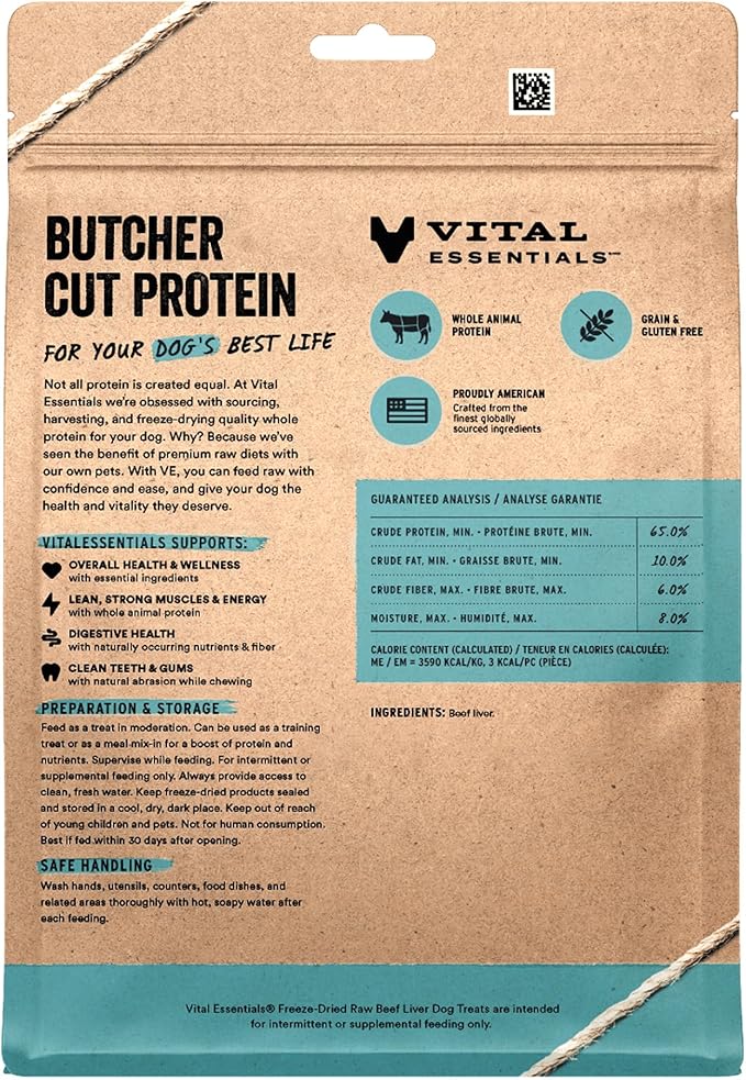 Vital Essentials Beef Liver Dog Treats, 15 oz | Freeze-Dried Raw | Single Ingredient | Premium Quality High Protein Training Treats | Grain Free, Gluten Free, Filler Free