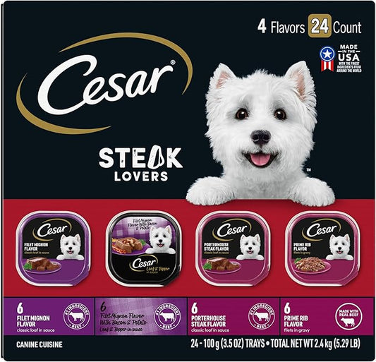 Cesar Wet Dog Food Steak Lovers Variety Pack with Real Meat, 3.5 oz. Trays (24 Count, Pack of 1)