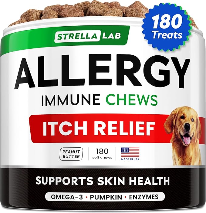 StrellaLab Dog Allergy Relief & Anti Itch Support Chews w/Omega 3: Real Ingredients, Real Taste! Skin & Coat Immune Supplement w/Fish Oil, Pumpkin & Enzymes — Developed by Experts - Made in USA -180Ct