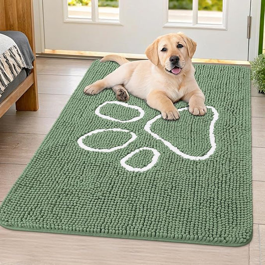 Smiry Dog Door Mat for Muddy Paws, Absorbent Dirt Trapper Non Slip Quick Dry Washable Chenille Mat for Mud Dogs, Entry Rug for Indoor and Outdoor (40x32 Inches, Olive Green and White)