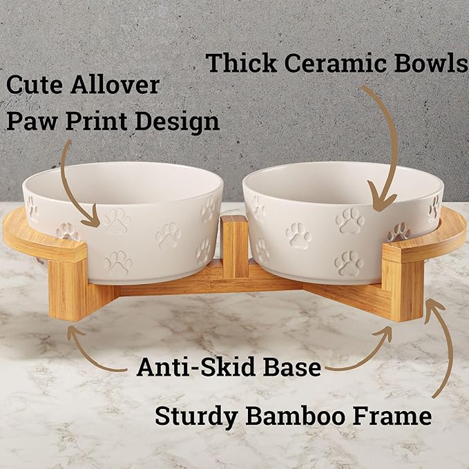 Ceramic Dog Bowls with Stand - Medium Dog Bowl Set with Stand Non-Slip - 2 Ceramic Dishes with Anti-Skid Bamboo Stand for Medium Dogs - Elevated Dog Bowls Set of 2 - Raised Pet Feeding Station