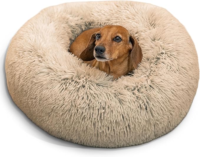 Best Friends by Sheri Original Calming Donut Dog and Cat Bed, Shag Faux Fur, Taupe, (23in x 23in) - Anxiety Relief for Pets Up to 25 lbs