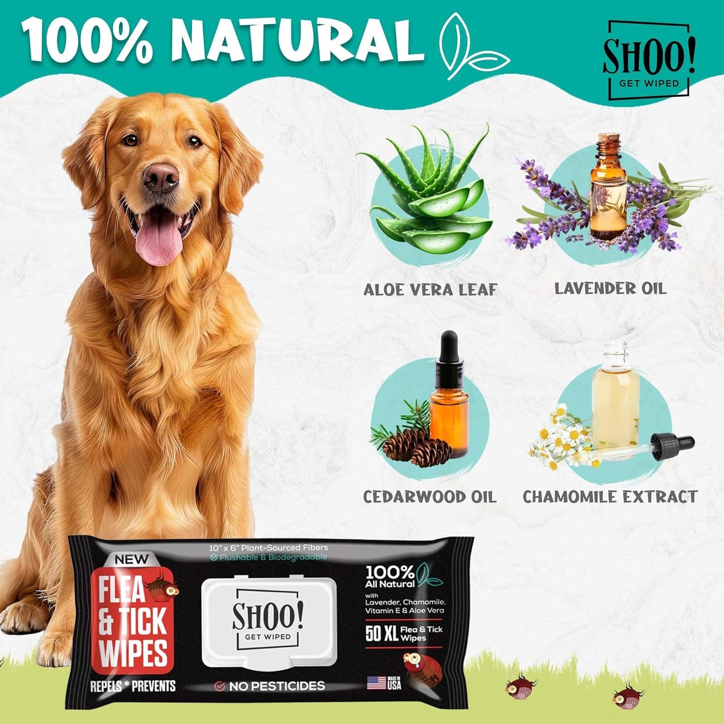 Shoo! Flea & Tick Wipes for Dogs | Convenient, Easy On-The-Go Protection | Plant Based, Natural Oils, Chemical Free | Repels & Prevents | 50 XL Wipes (2 Pack) | Original -Lavender