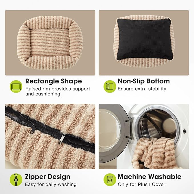 MIXJOY Dog Beds for Small Dogs Cats, Soft Cat Bed for Indoor Cats, Rectangle Pet Bed for Puppy Kitty, Washable Dog Bed with Removable Cover, Anti Slip Bottom, 20"x19"x6", Beige
