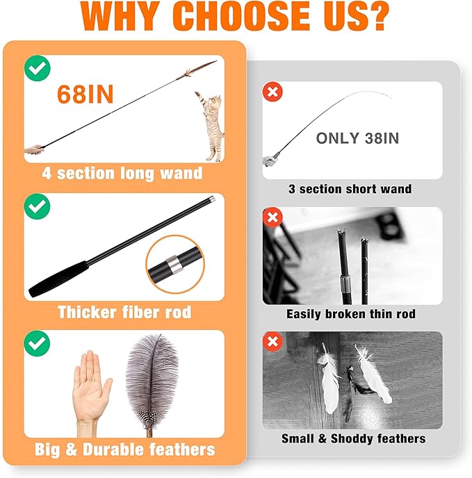 JXFUKAL 2025 Latest Cat Wand Toy, 68”Extra Long Cat Fishing Pole Toy, 4PCS Natural Huge Feather Refills with Silvervine Sticks for Indoor Cats Kitten Kitty Teeth Cleaning Exercise Accessories
