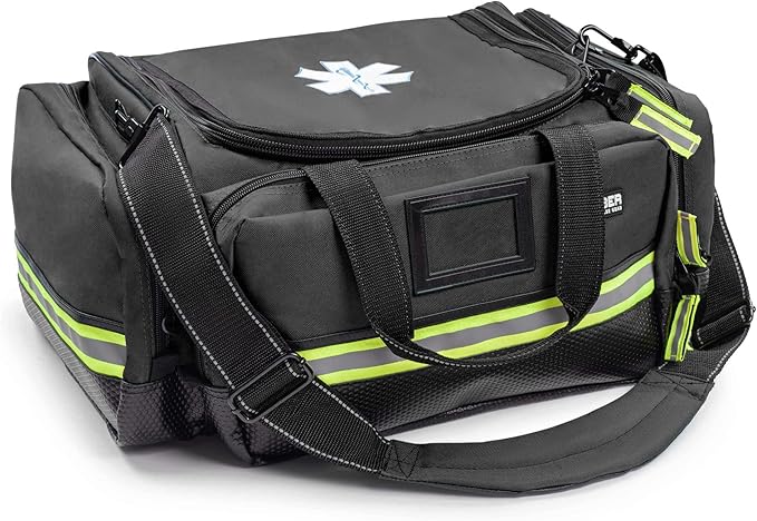 Scherber Fully-Stocked First Responder Professional Advanced EMT/EMS Trauma Kit | HSA/FSA Approved | Reflective Bag w/10+ Compartments, Zippered Pockets & 250+ First Aid Supplies (Black)