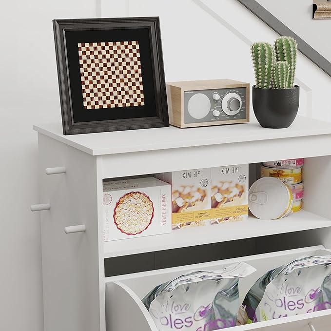 PawHut Dog Feeding Station with Storage, Pet Feeder Cabinet Container with Raised Bowls and Hanger for Feeding & Watering Supplies, Dog Food Organizer, White