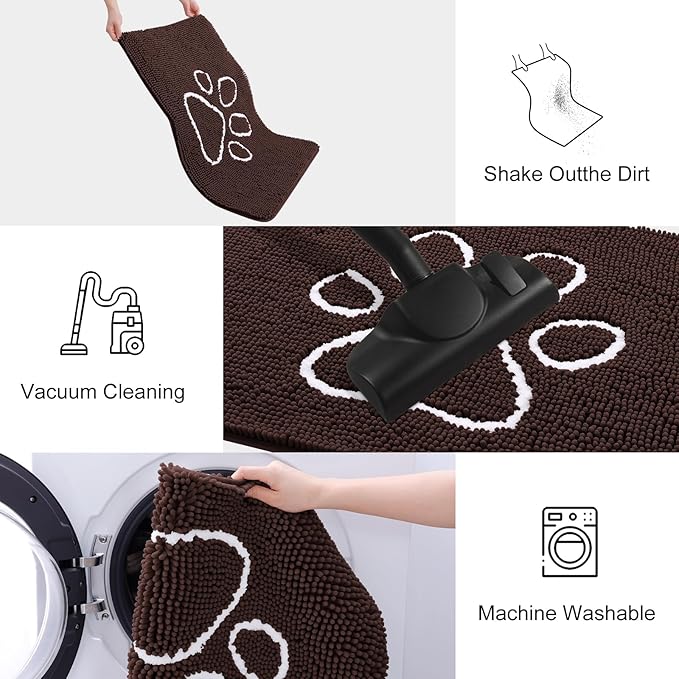 Smiry Dog Door Mat for Muddy Paws, Absorbent Dirt Trapper Non Slip Quick Dry Washable Chenille Mat for Mud Dogs, Entry Rug for Indoor and Outdoor (70x24 Inches, Brown and White)