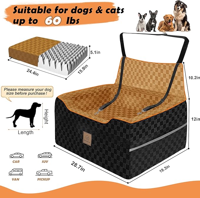 Large Dog Car Seat for Back Seat – Removable Dog Booster Seat & Washable Pet Car Seat for Medium & 2 Small Dogs up to 60lbs – Safety Straps & Storage Pocket – Travel & Home Use (Black/Brown)