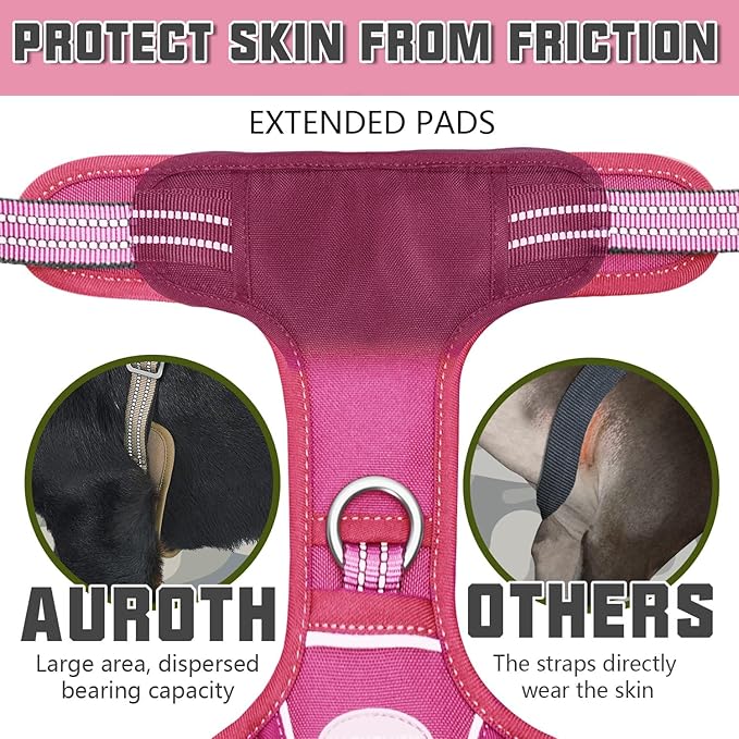 Auroth Tactical Dog Harness for Large Dogs No Pull Adjustable Pet Harness Reflective K9 Working Training Easy Control Pet Vest Military Service Dog Harnesses Rose Red XL