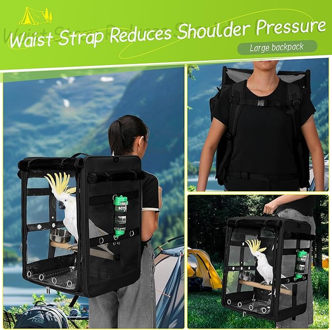 Suertree Bird Carrier Travel Cage, Cockatoo Carrier, Parrot Travel Backpack with Unbreakable Stainless Steel Mesh, Perch, Water Bottle and Food Bowl, X-Large Black