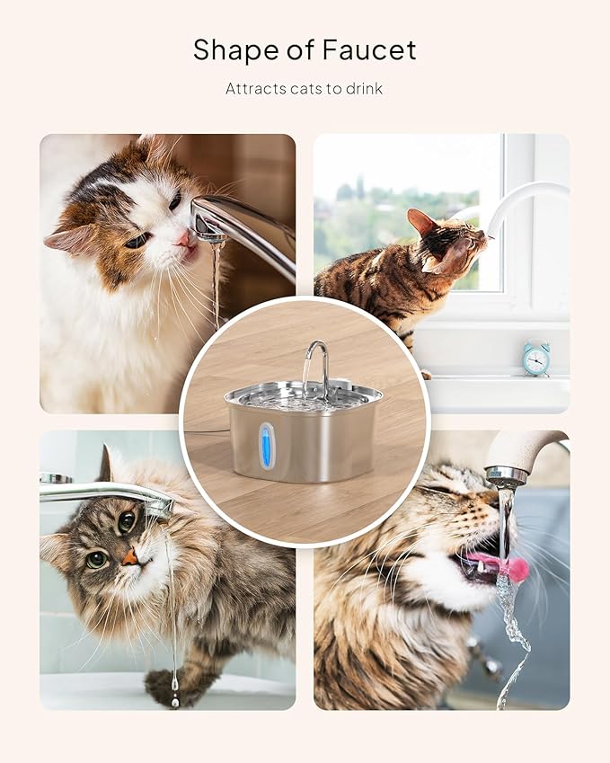 Cat Water Fountain - 3.2L/108oz Stainless Steel Pet Water Drinking Fountain for Cats Indoor, Dog Water Fountain with Water Level Window